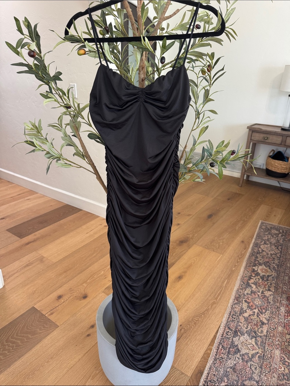 Black Ruched Maxi Dress with Spaghetti Straps